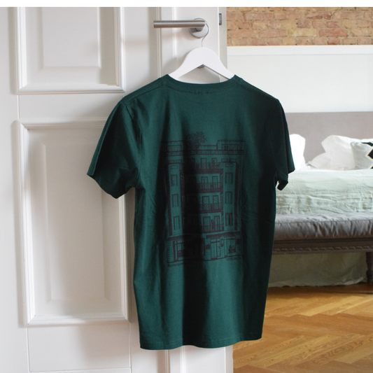 Green T-shirt featuring the GORKI logo on the front and Gorki’s building on the back