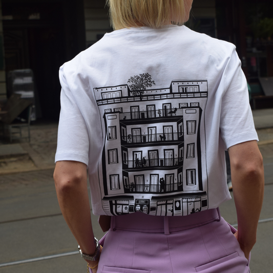 White T-shirt featuring the GORKI logo on the front and Gorki’s building on the back
