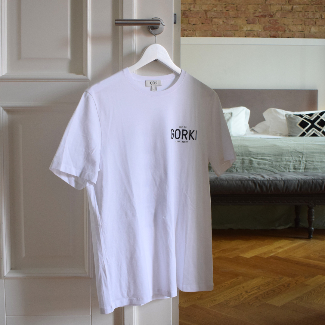White T-shirt featuring the GORKI logo on the front and Gorki’s building on the back