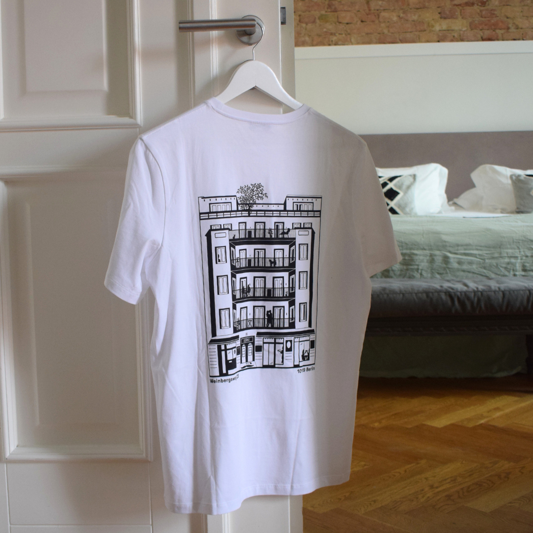 White T-shirt featuring the GORKI logo on the front and Gorki’s building on the back